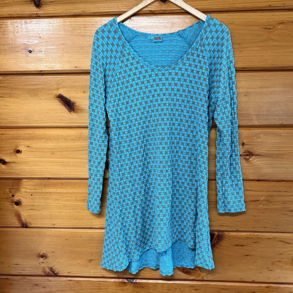 Tianello Womens L Green Geometric 3/4 Sleeve Knit Tunic Top Asymmetric Casual